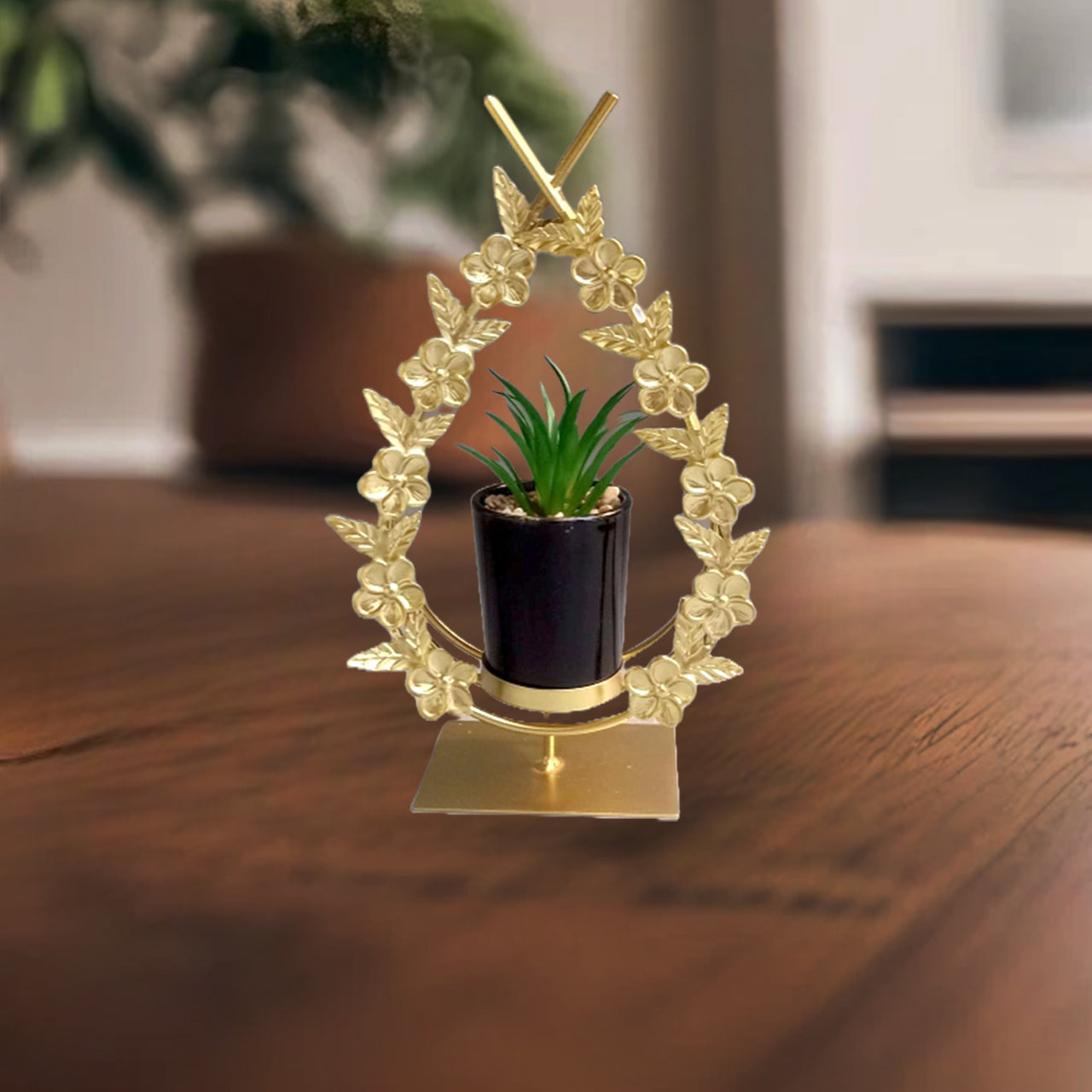 Gold Metal Drop Floral Frame with Artificial Plant Ceramic Pot Decoration