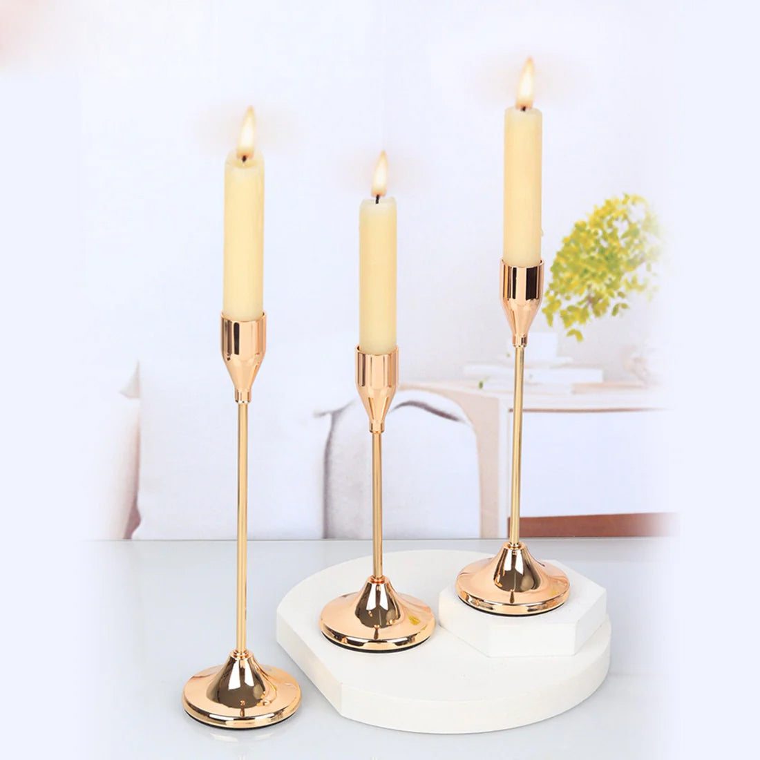Set Of 3 Golden Candle Stands