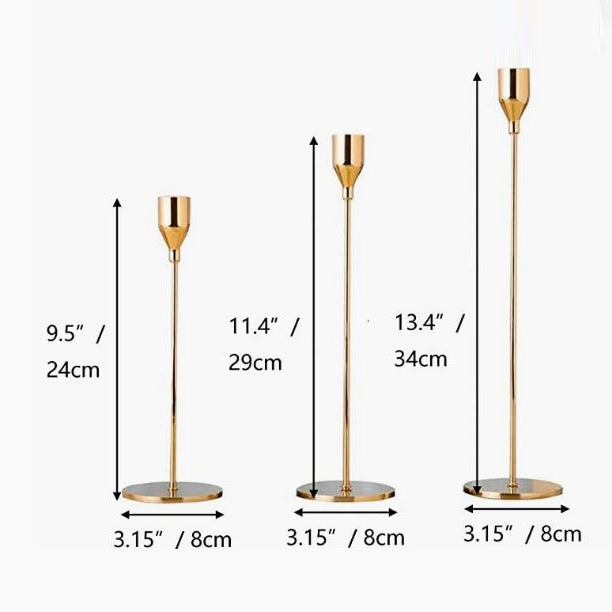 Set of gold candle holders with measurements on a white background