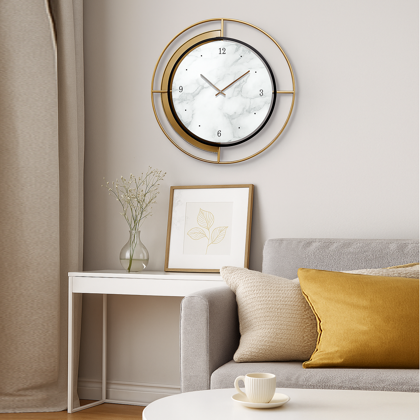 Decorative wall clock on a wall above a sofa with cushions and a small table.
