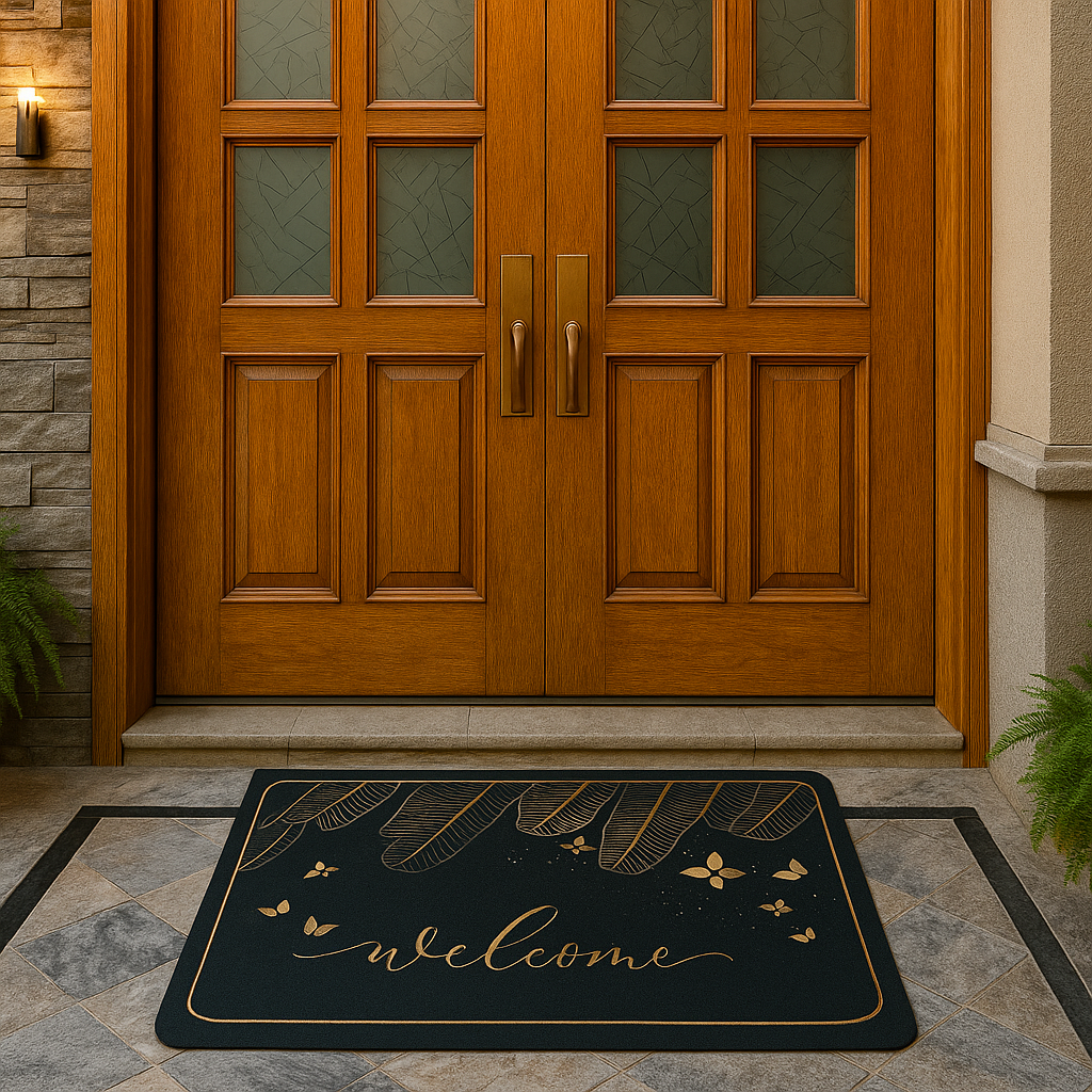 Wooden door with a 'welcome' mat on a stone pavement