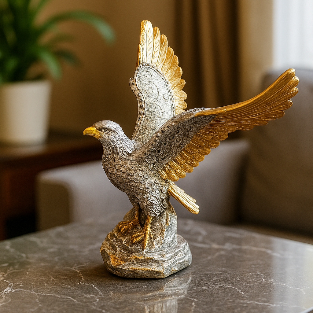 Eagle statue on a marble surface with a blurred indoor background