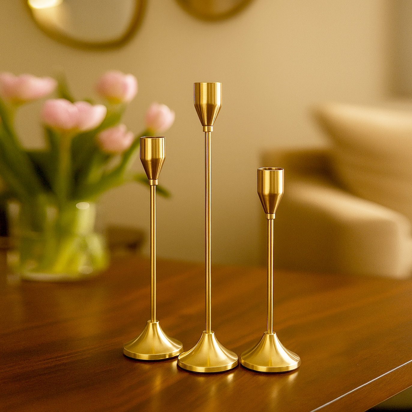 Three gold candle holders on a wooden surface with pink tulips in the background.