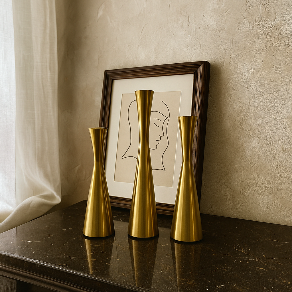Three gold vases on a dark surface with a framed artwork in the background.