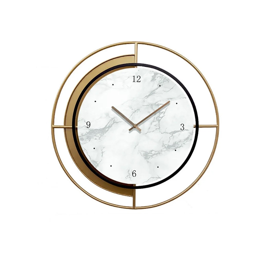 Wall clock with gold frame and marble-patterned face on a white background