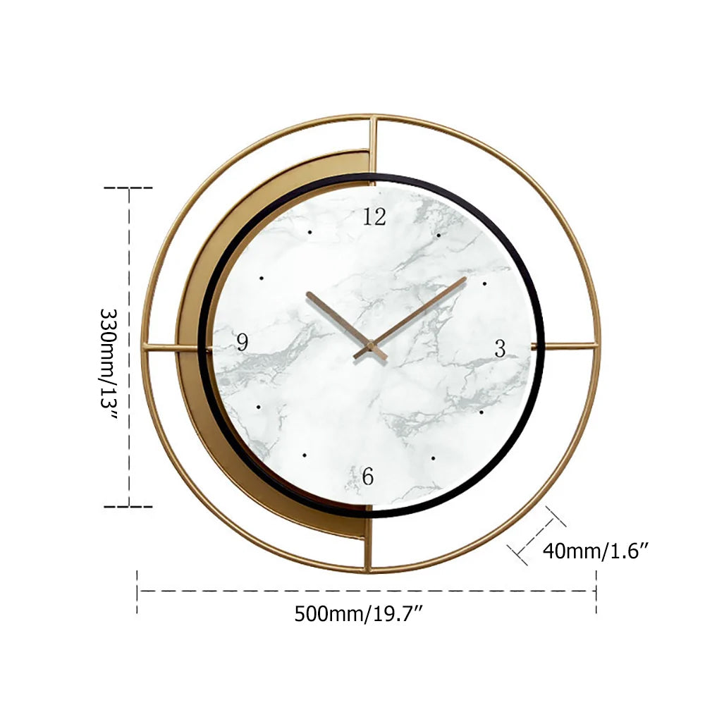 Wall clock with gold frame and marble-patterned face, showing dimensions on a white background.