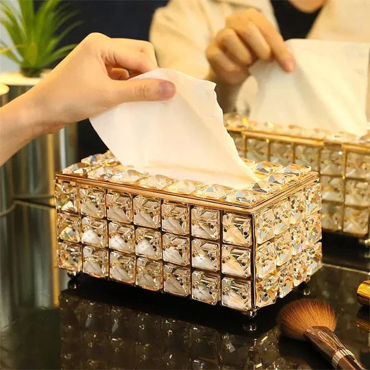 Luxury crystal tissue box elegantly displayed, offering easy access to tissues with a striking design.