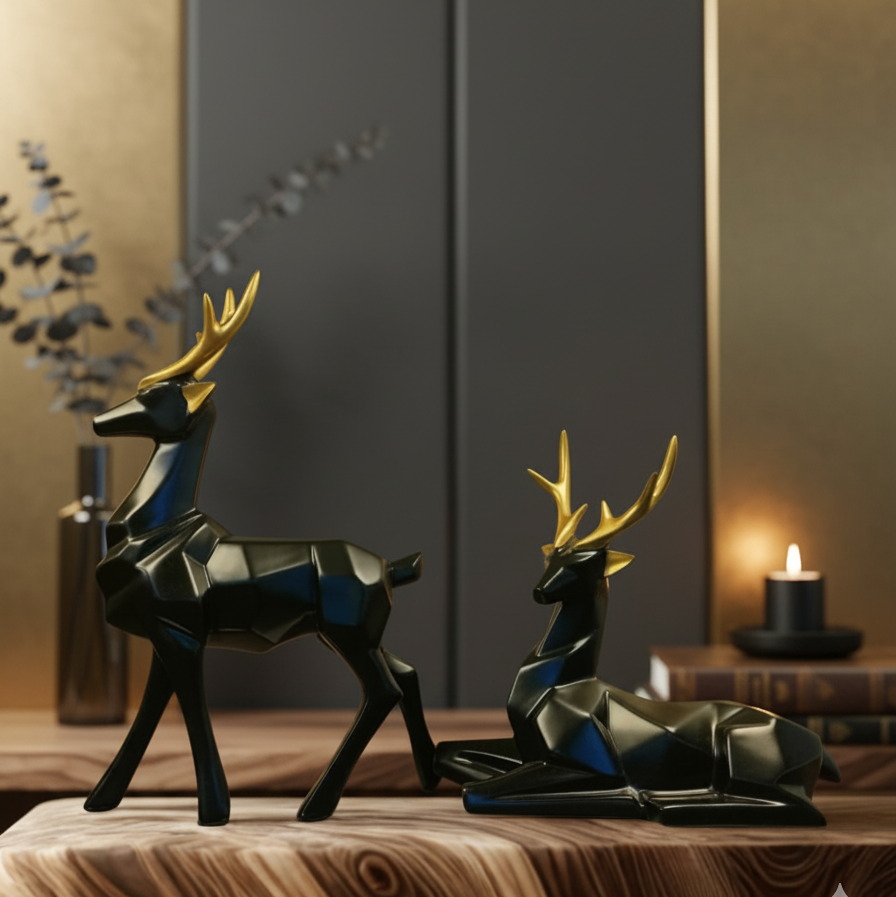 Black Geometric Deer Figurine Set