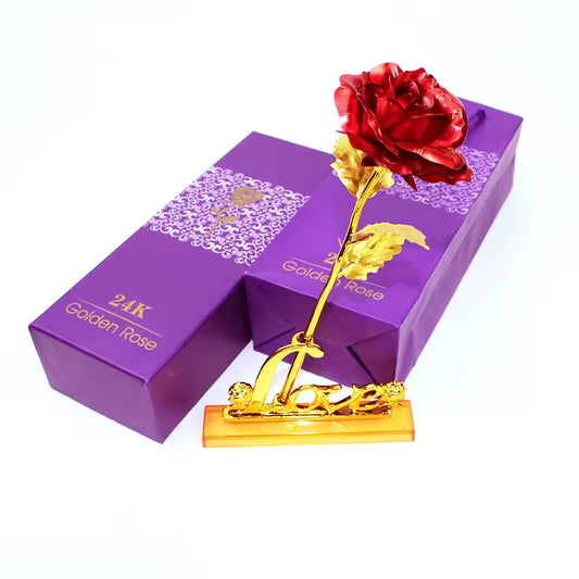 24K Gold Plated Rose (Red) With Love Stand
