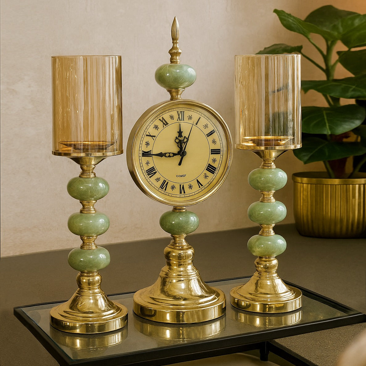 3 Piece set, Royal Glow Clock & Candle Holders