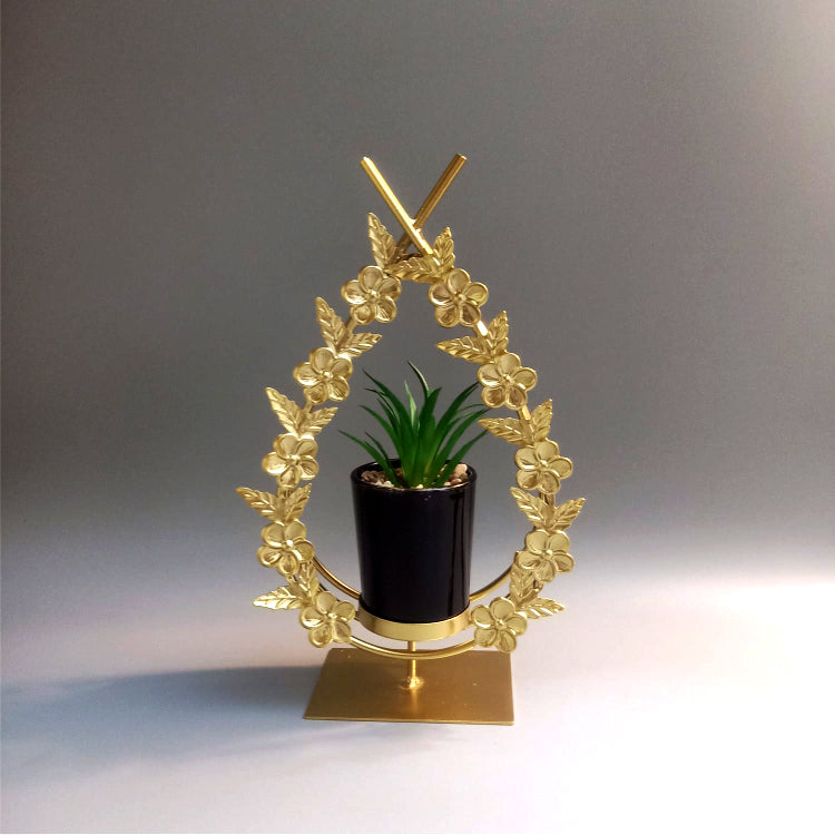 Gold Metal Drop Floral Frame with Artificial Plant Ceramic Pot Decoration