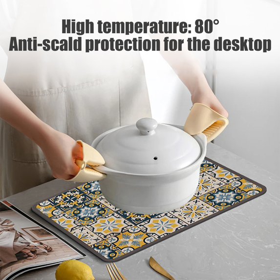 Person holding a white pot with a lid on a decorative placemat, with text about high temperature protection.