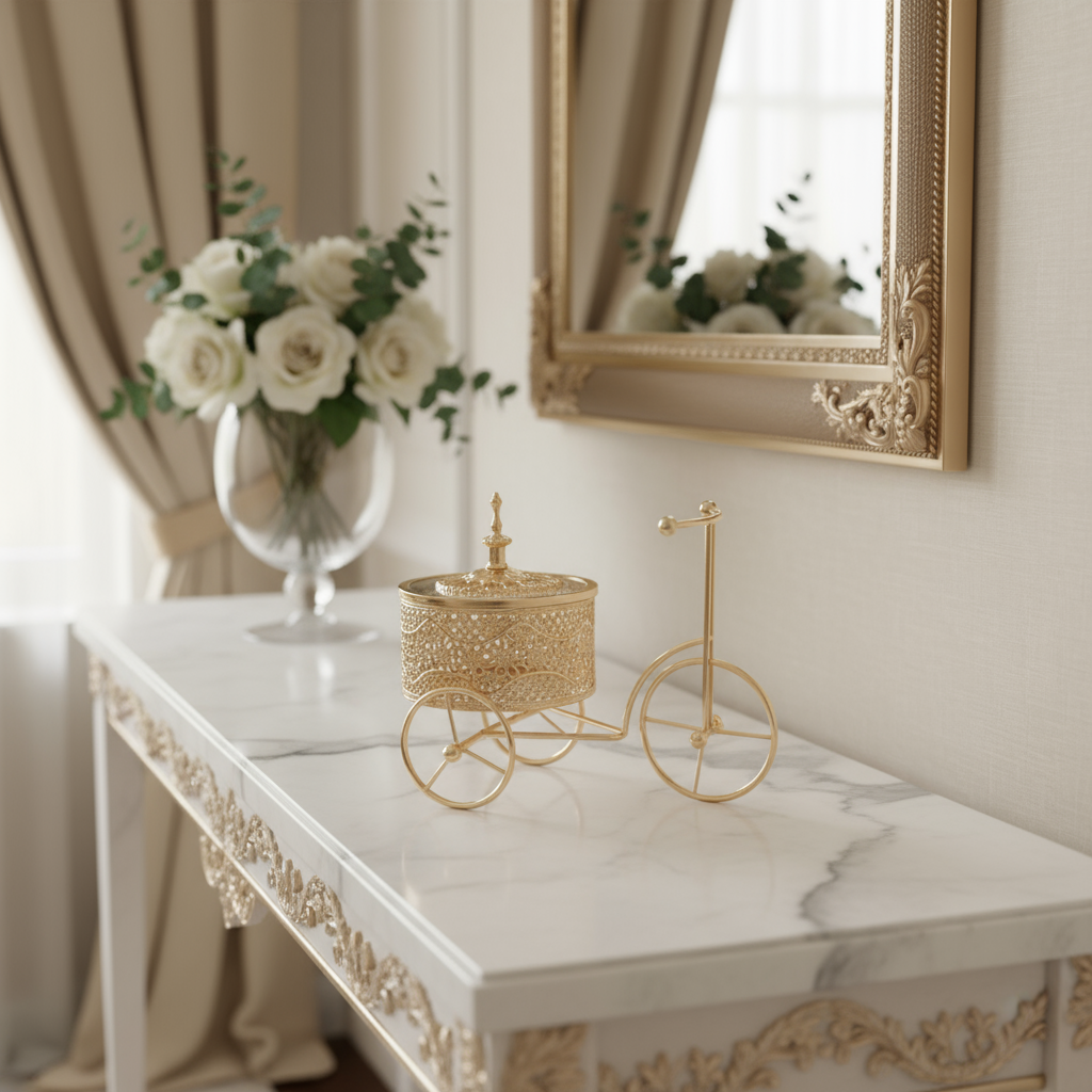 Decorative gold bicycle on a marble table with a vase of flowers and mirror in the background.