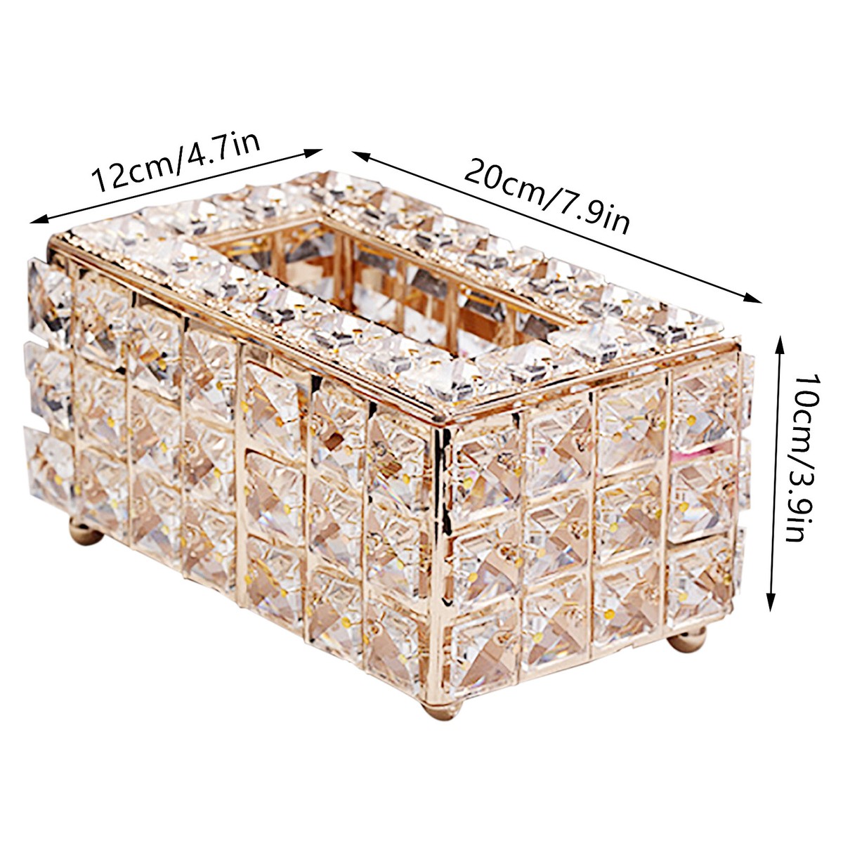 Luxury crystal tissue box with elegant design and measurement dimensions of 12cm x 20cm x 10cm.