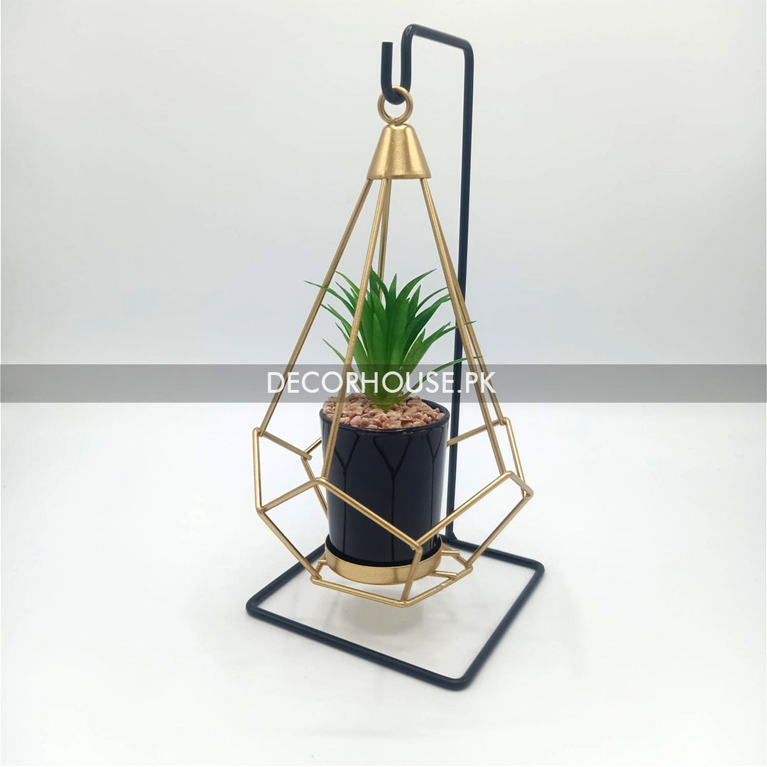 Golden Hanging Pot with Black Metal Stand