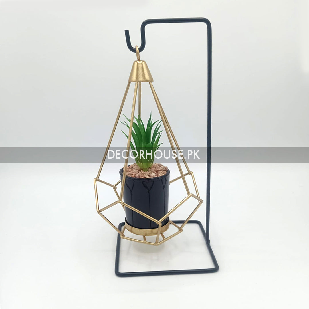 Golden Hanging Pot with Black Metal Stand