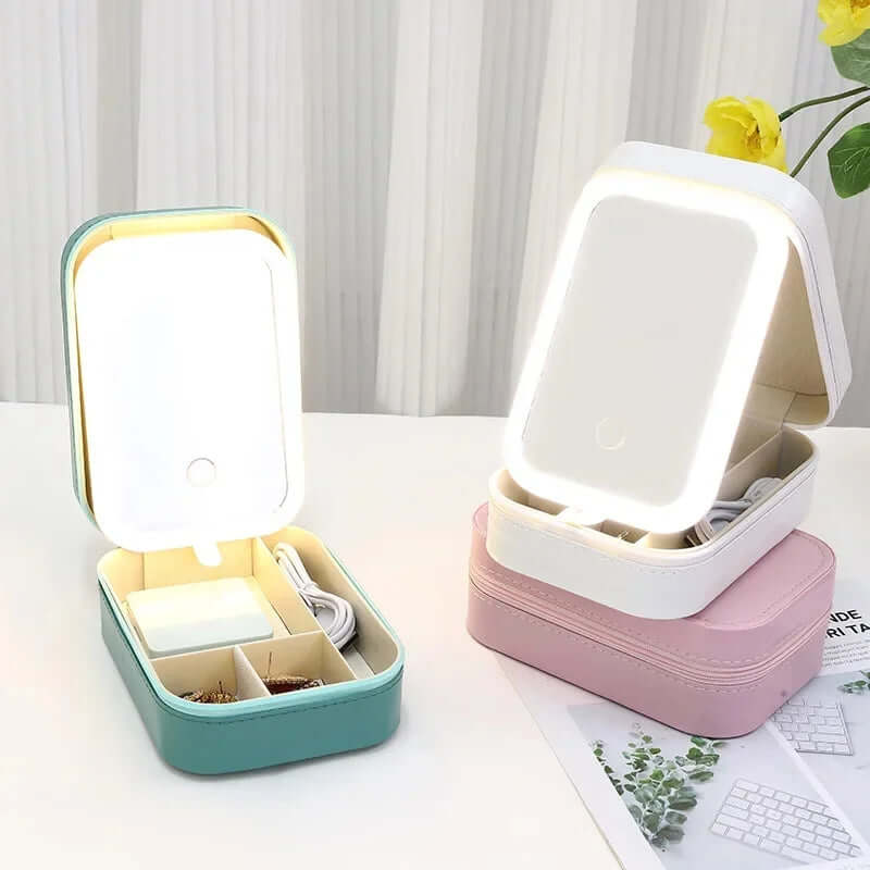 LED Mirror Makeup Storage Box Portable Travel Makeup Case Cosmetic Bag