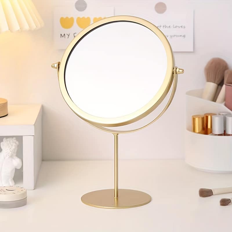 Portable Matel Stand Makeup Mirror Round Shape Desktop Vanity Mirror Gold