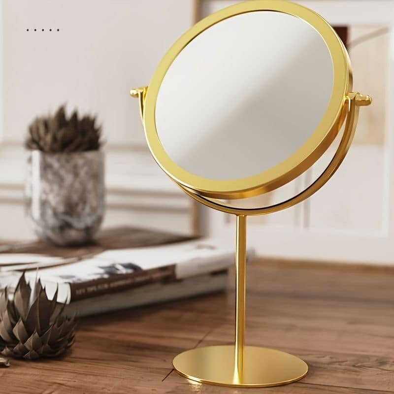 Portable Matel Stand Makeup Mirror Round Shape Desktop Vanity Mirror Gold