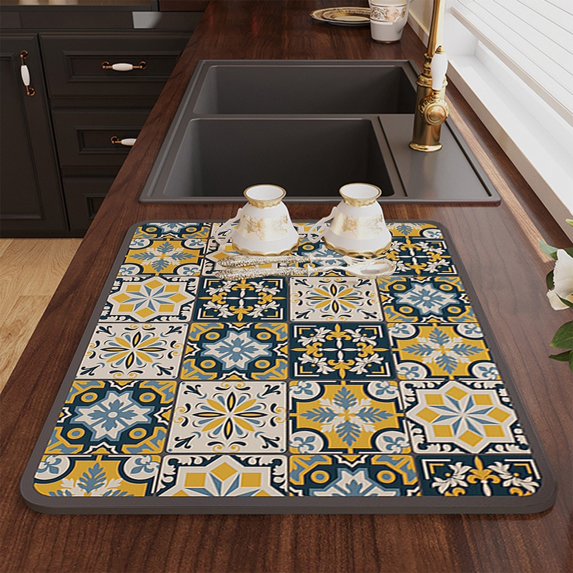 Decorative kitchen mat with a colorful pattern on a wooden countertop.