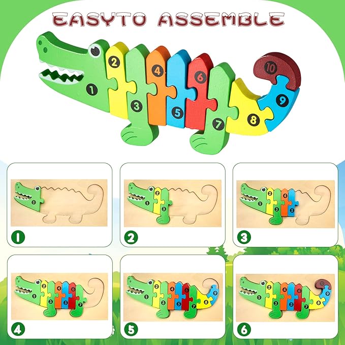 Wooden Number Puzzle Crocodile, 10 Pieces – Assorted Styles
