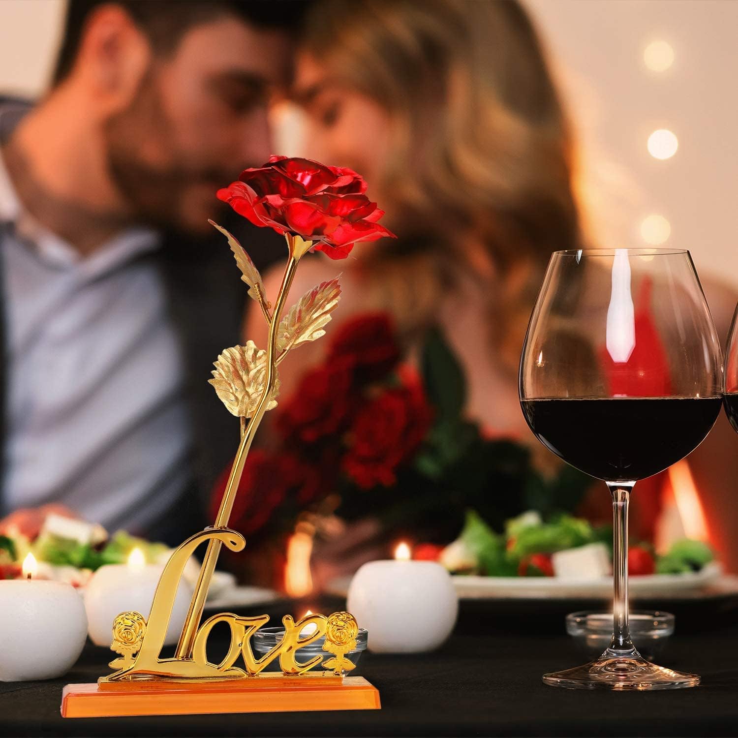 24K Gold Plated Rose (Red) With Love Stand