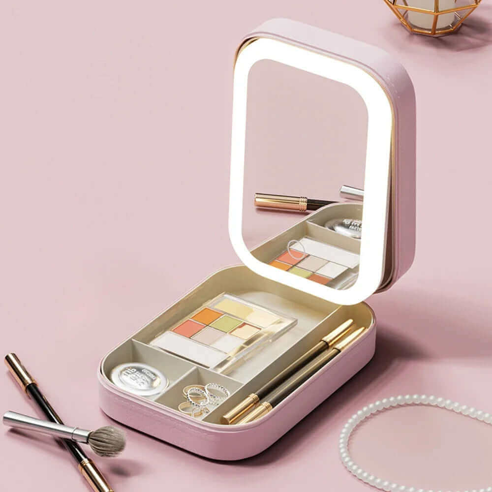 LED Mirror Makeup Storage Box Portable Travel Makeup Case Cosmetic Bag
