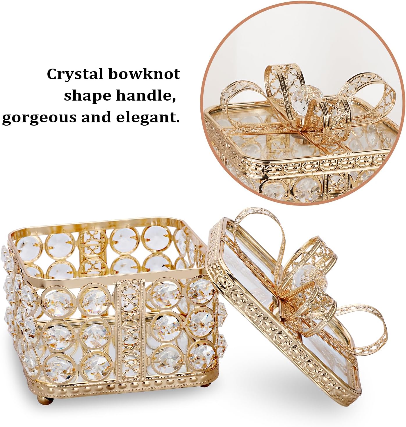 Decorative box with crystal bowknot handle on a white background
