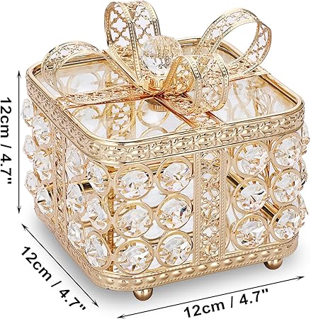 Decorative gold box with crystal accents and a bow, shown with dimensions.