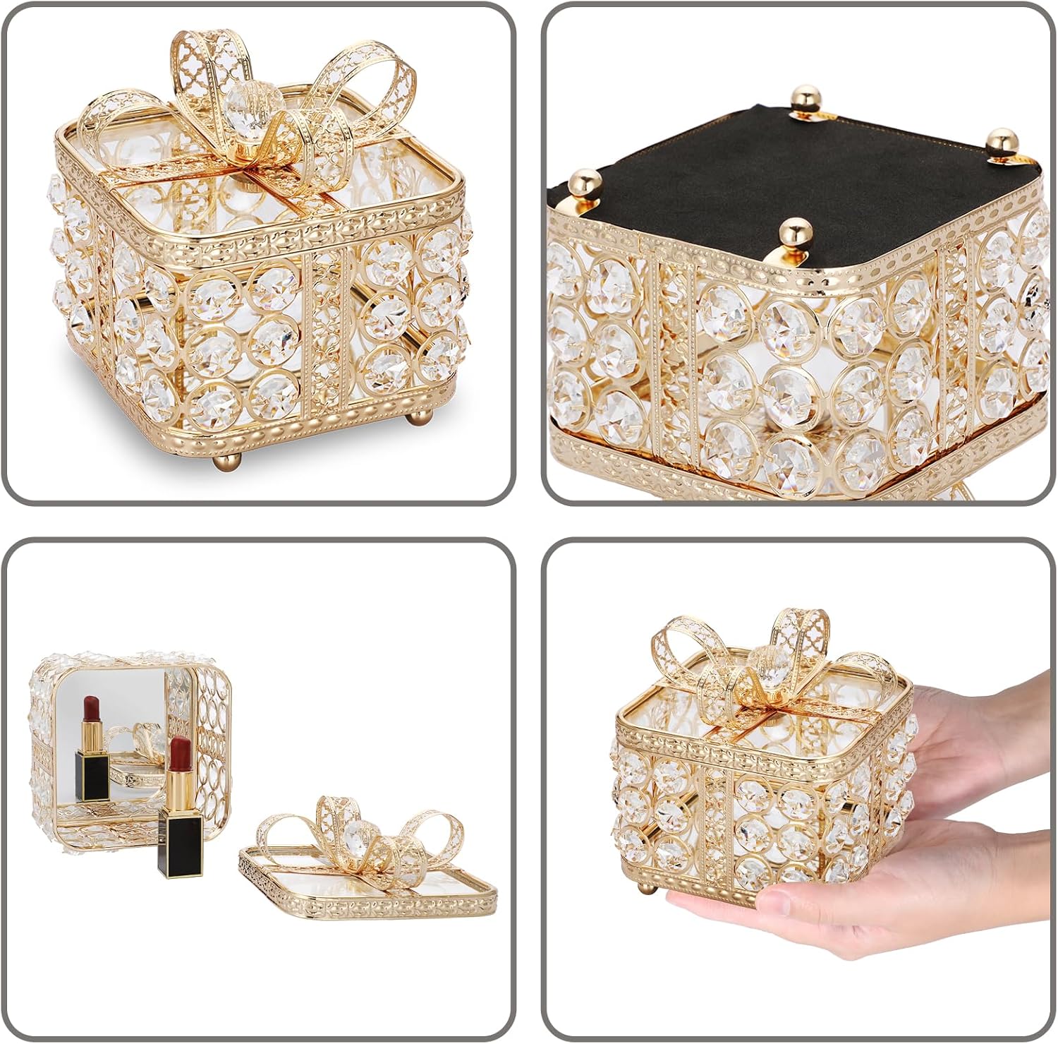 Collage of a decorative gold jewelry box with crystal embellishments.