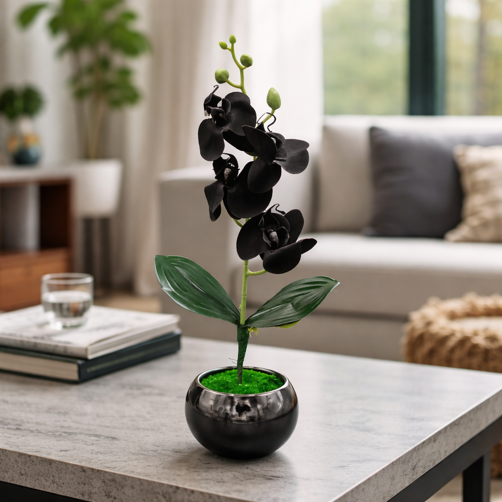 Black Blossom Artificial Plant and Pot