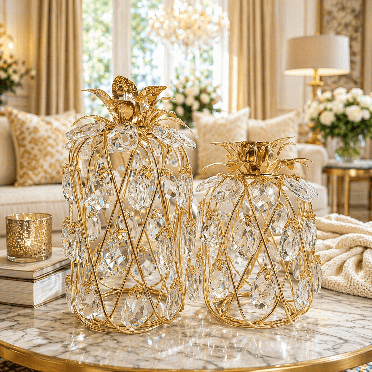 Decorative pineapple-shaped candle holders on a marble table in a luxurious living room.