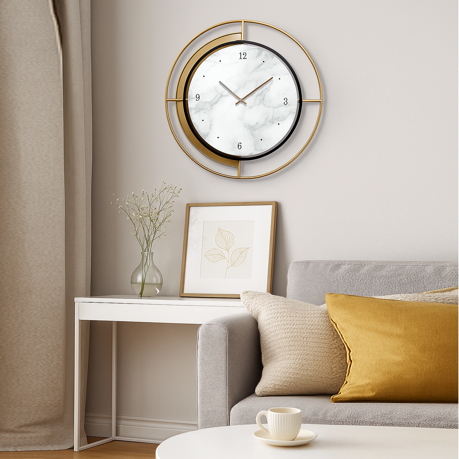 Decorative wall clock on a wall above a sofa with cushions and a small table.