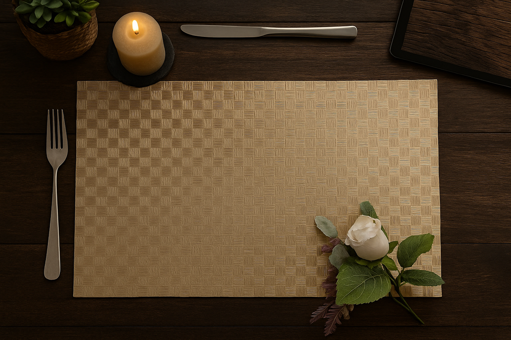 Placemat with a white rose on a wooden table with cutlery and a candle.