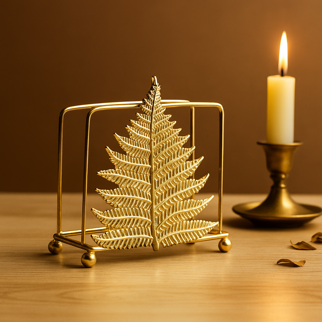 Gold leaf decorative item on a wooden surface with a candle in the background