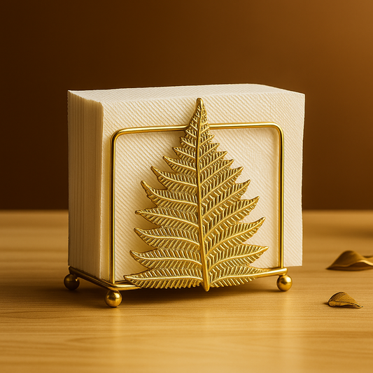 Napkin holder with gold leaf design on a wooden surface