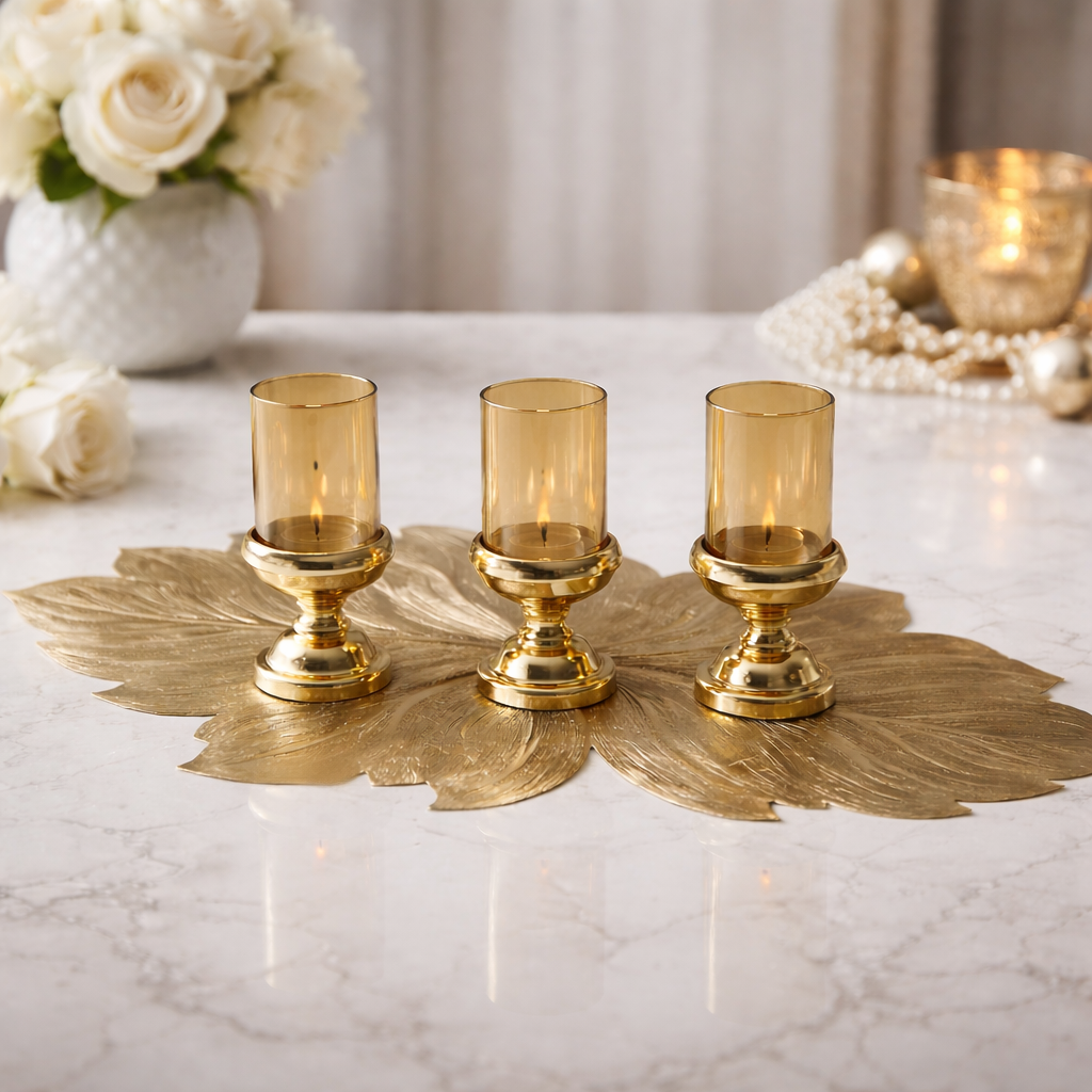 Three gold candle holders with lit candles on a decorative leaf-shaped tray with flowers and pearls in the background.