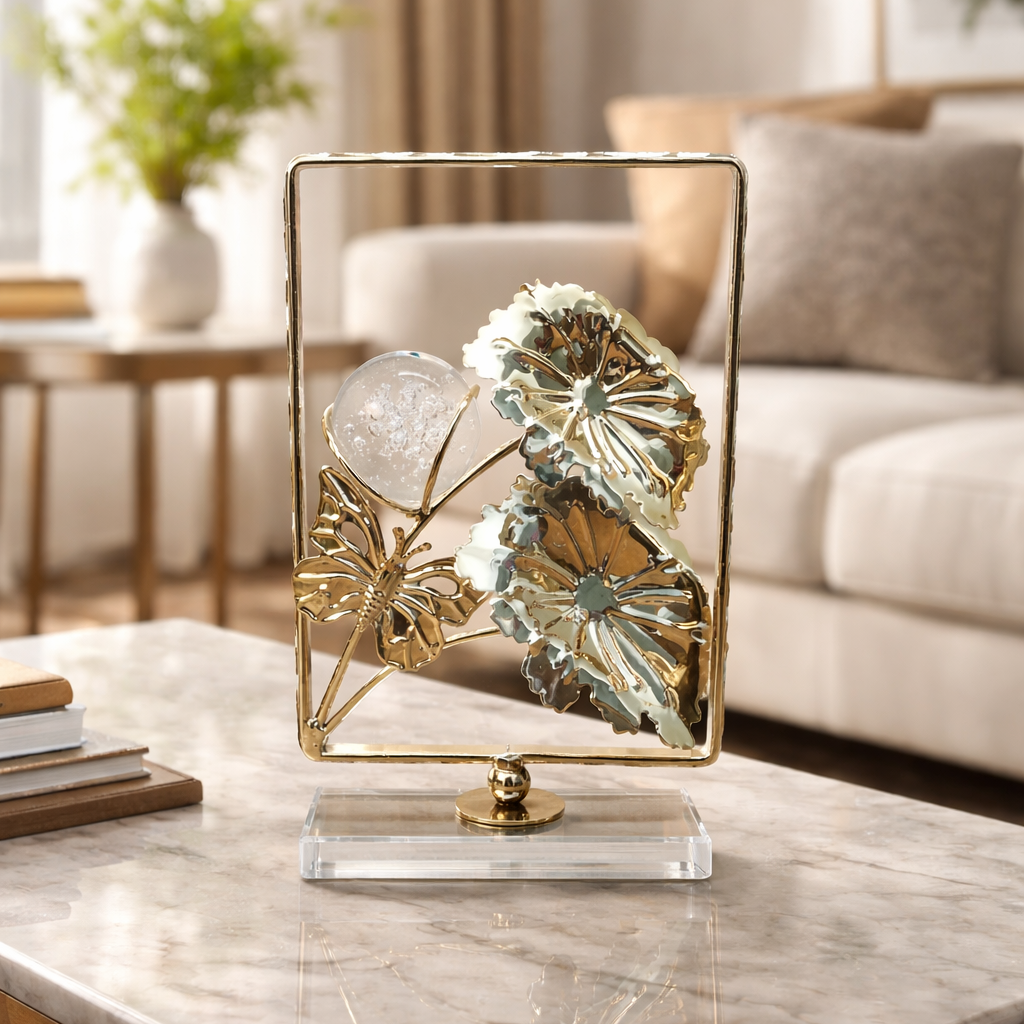 Decorative glass sculpture on a marble table in a living room setting