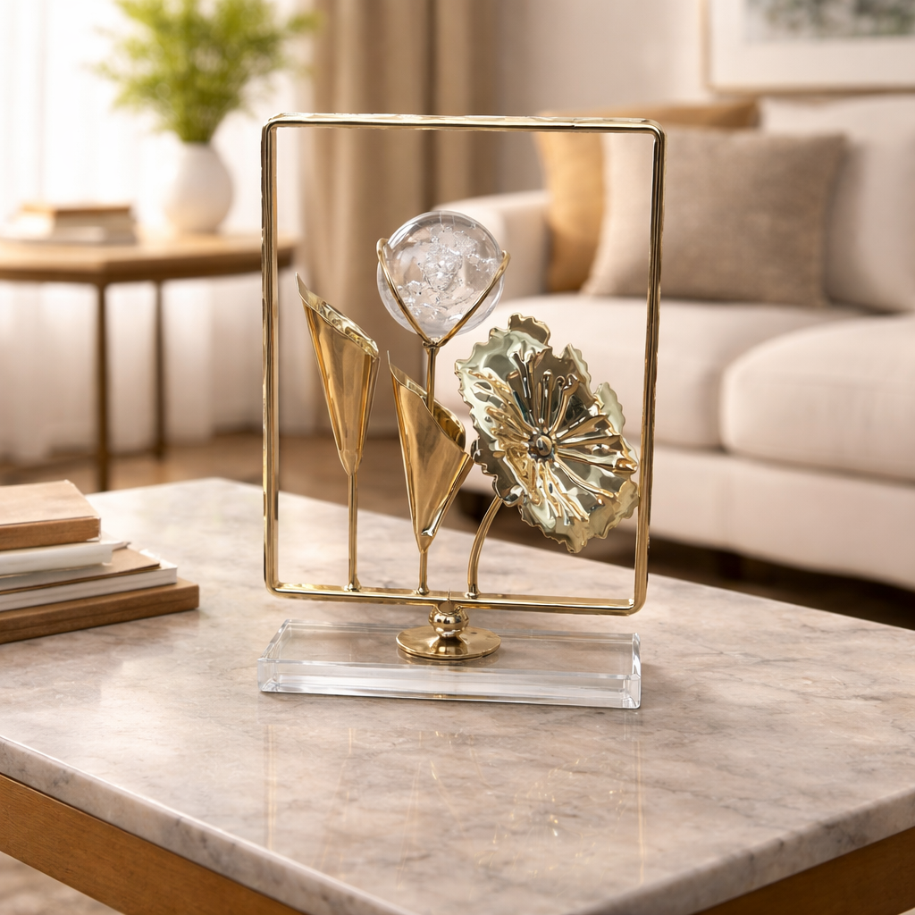 Decorative object with gold and crystal elements on a marble surface in a living room setting.