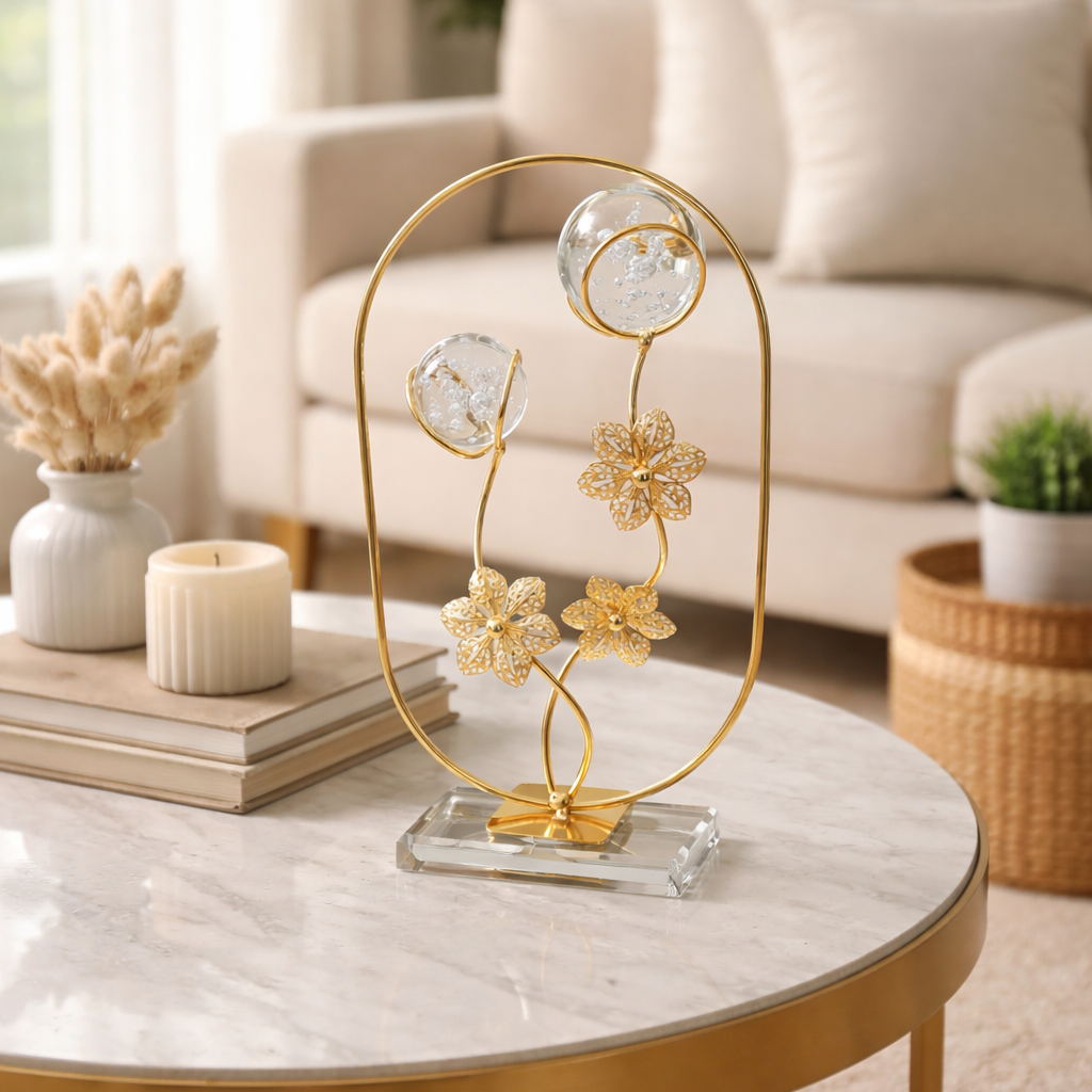 Decorative gold and crystal centerpiece on a marble table in a living room.