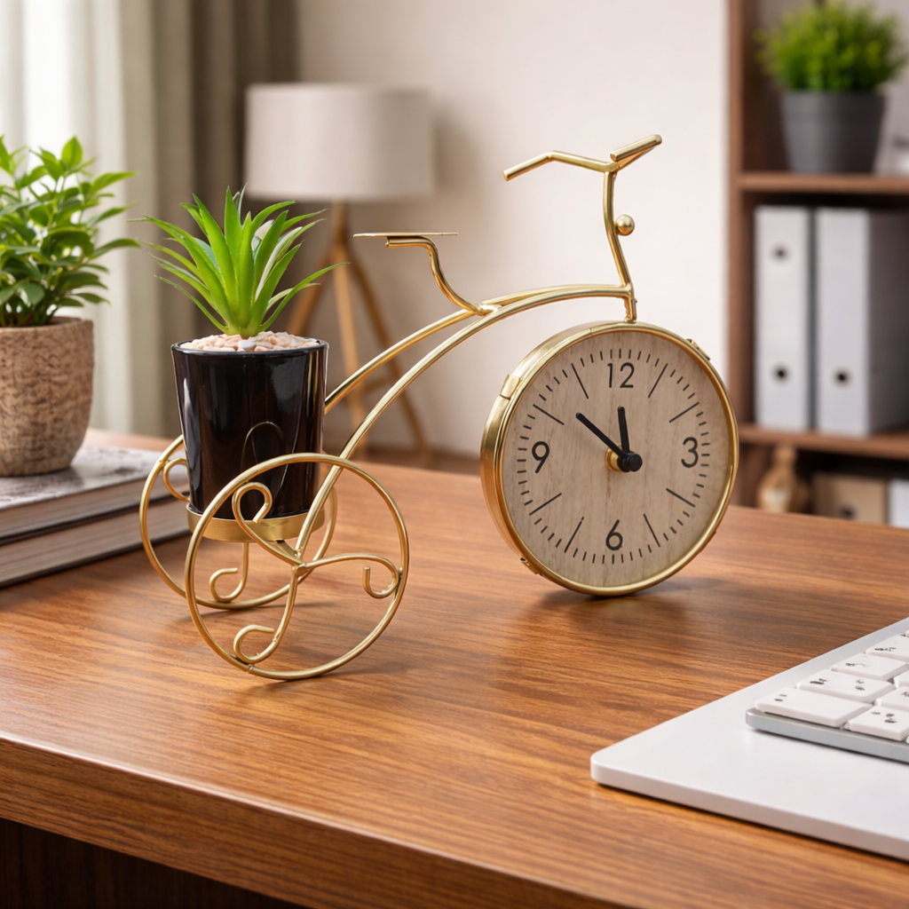 Decorative clock shaped like a bicycle on a desk with plants and a lamp in the background