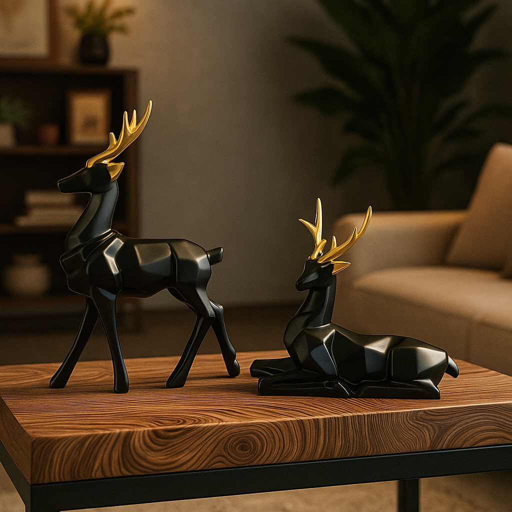 Two black deer figurines on a wooden coffee table in a living room setting.
