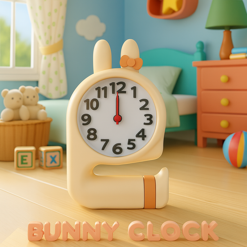 Bunny-shaped clock on a wooden surface with a colorful room in the background