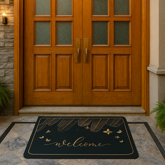 Wooden door with a 'welcome' mat on a stone pavement