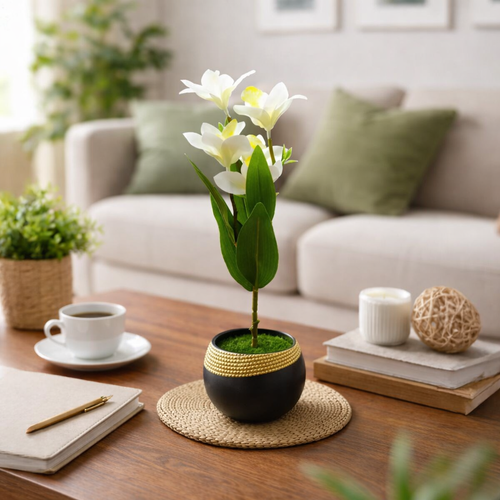 Blush Blossom Artificial white Plant & Black Pot