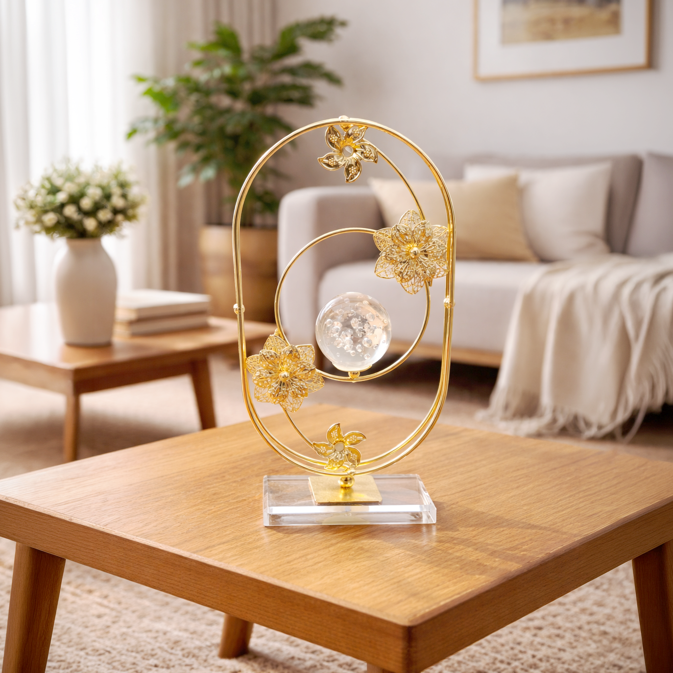 Decorative gold and crystal sculpture on a wooden table in a living room setting.