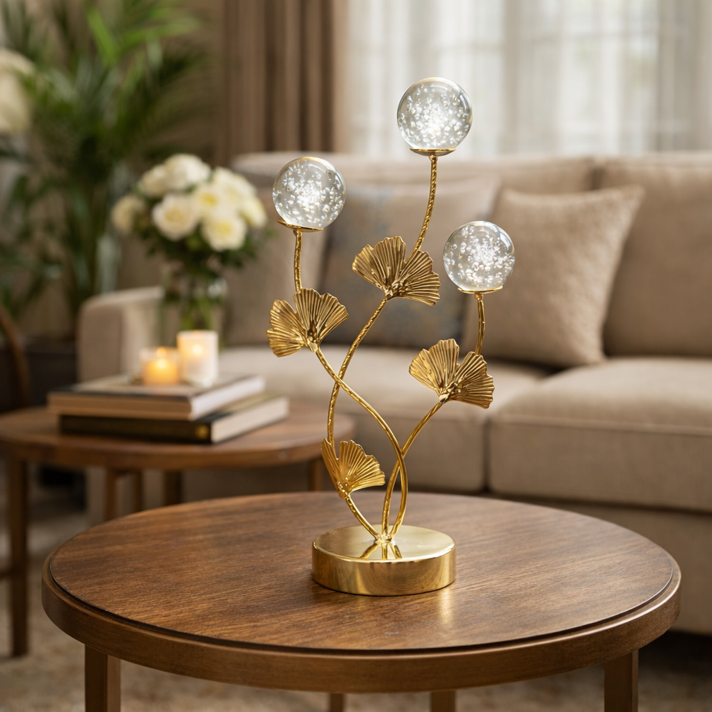 Luxury Golden Ginkgo Crystal Ball Table Decor
