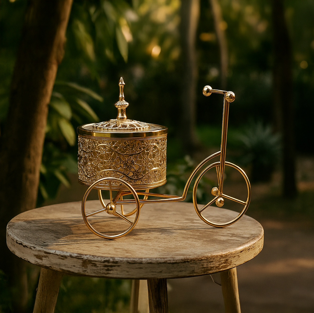Decorative gold bicycle-shaped box on a wooden stool with a blurred green background