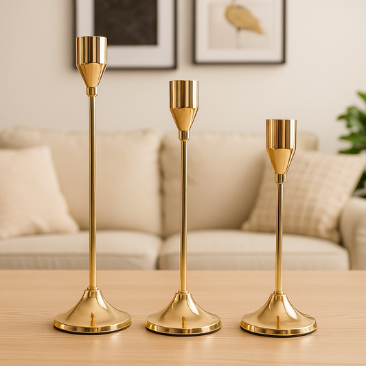Three gold candle holders on a wooden table with a blurred living room background.