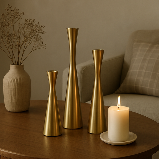 Set of gold vases and a candle on a wooden table with a neutral background